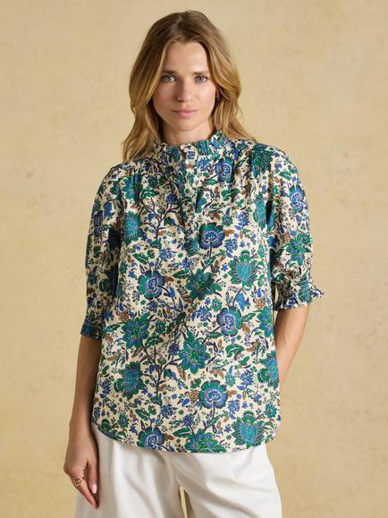 Joules Melanie Floral Ruffle Top, Blue/Green, Blue/Green