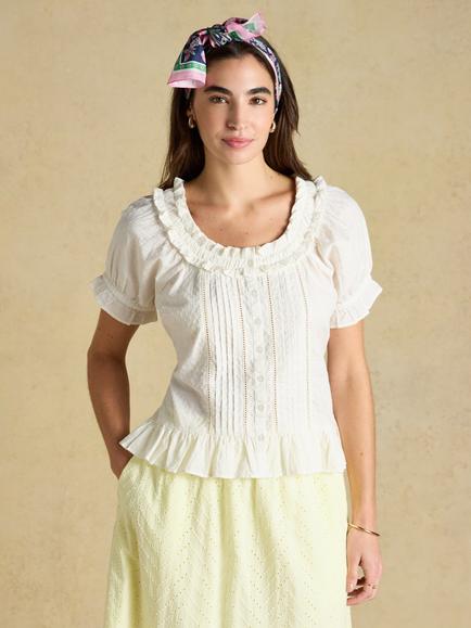 Joules Frill Short Sleeve Top, White, White