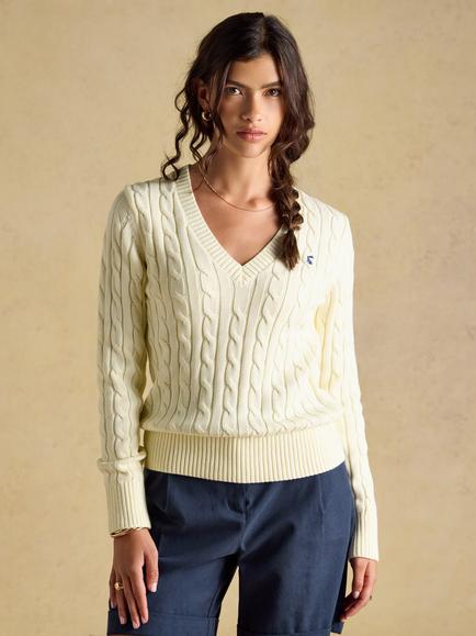 Joules V-Neck Cable Knit Jumper, Cream, Cream