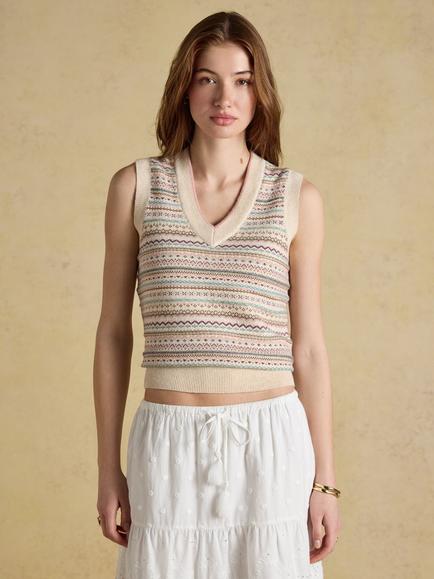 Joules Fair Isle Knit V-Neck Tank Top, Oatmeal, Oatmeal