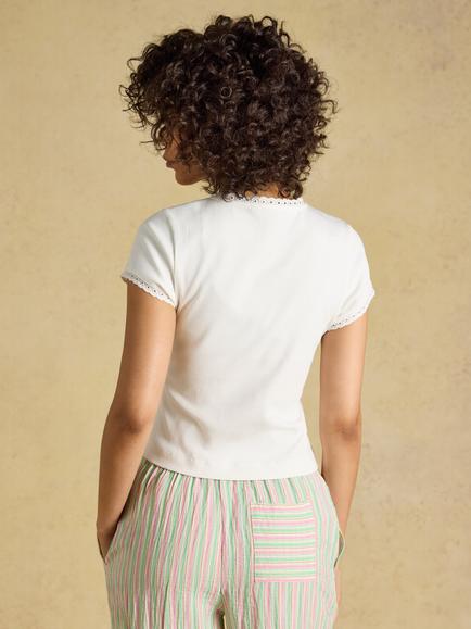 Joules Button Front Cotton Rich Jersey Top, Cream - view 2, Cream