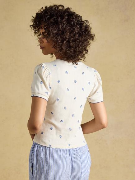 Joules Ditsy Puff Sleeve Cotton Rich Jersey Top, White - view 2, White