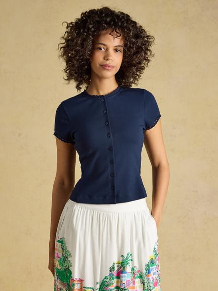 Joules Button Front Cotton Rich Jersey Top, Navy, Navy