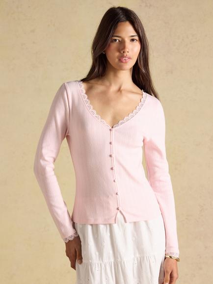 Joules Pointelle V-Neck Cotton Rich Jersey Top, Pink, Pink