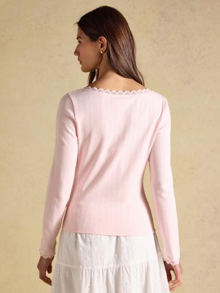 Joules Pointelle V-Neck Cotton Rich Jersey Top, Pink - view 2, Pink