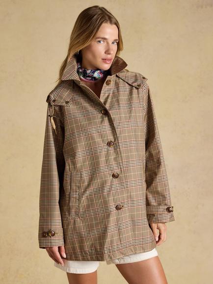 Joules Rainmore Check Waterproof Button Through Raincoat, Brown, Brown