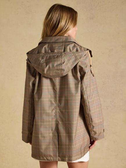 Joules Rainmore Check Waterproof Button Through Raincoat, Brown - view 2, Brown