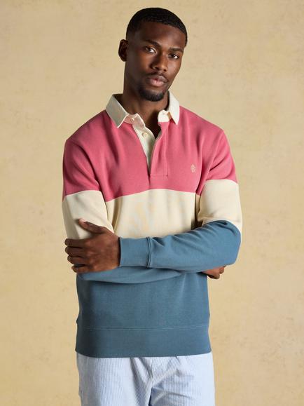 Joules Cotton Colour Blocked Rugby Shirt, Blue/Pink, Blue/Pink