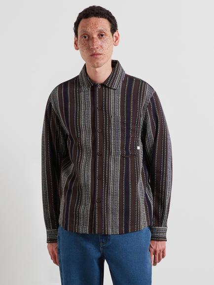 Farah Loose Cut Long Sleeve Striped Cotton Shirt, Dark Brown, Dark Brown