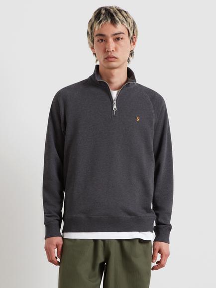 Farah Regular Fit Zip Neck Cotton Sweatshirt, Washed Black, Washed Black