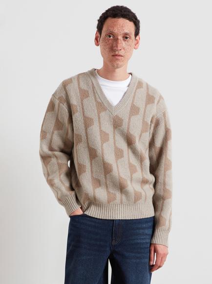 Farah Printed V-Neck Jumper, Putty, Putty