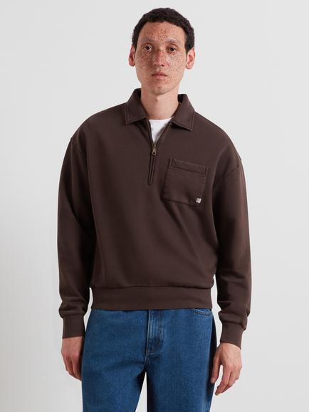 Farah Loose Cut Zip Neck Cotton Sweatshirt, Dark Brown, Dark Brown