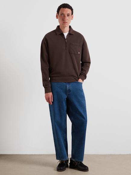 Farah Loose Cut Zip Neck Cotton Sweatshirt, Dark Brown - view 2, Dark Brown