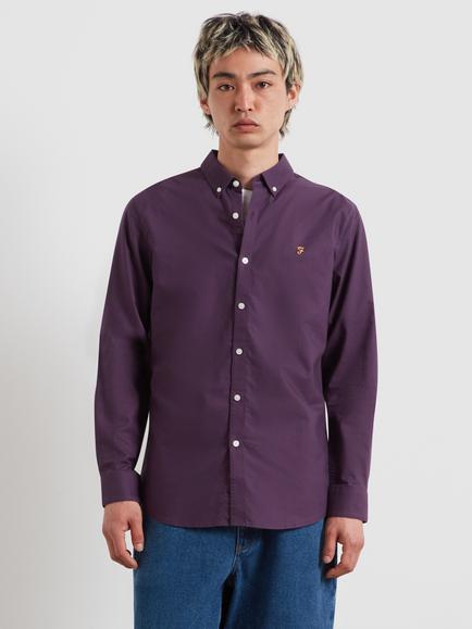 Farah Slim Fit Button Neck Long Sleeve Cotton Shirt, Deep Purple, Deep Purple