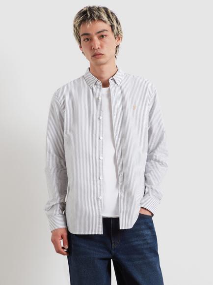 Farah Slim Fit Button Neck Long Sleeve Striped Cotton Shirt, Rosemary, Rosemary