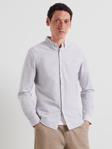 Farah Slim Fit Button Neck Long Sleeve Striped Cotton Shirt, Deep Purple, Deep Purple