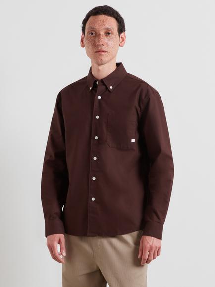 Farah Loose Cut Button Neck Long Sleeve Cotton Shirt, Dark Brown, Dark Brown