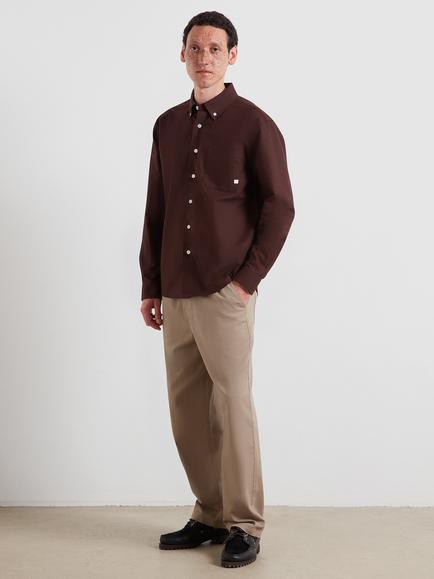 Farah Loose Cut Button Neck Long Sleeve Cotton Shirt, Dark Brown - view 2, Dark Brown