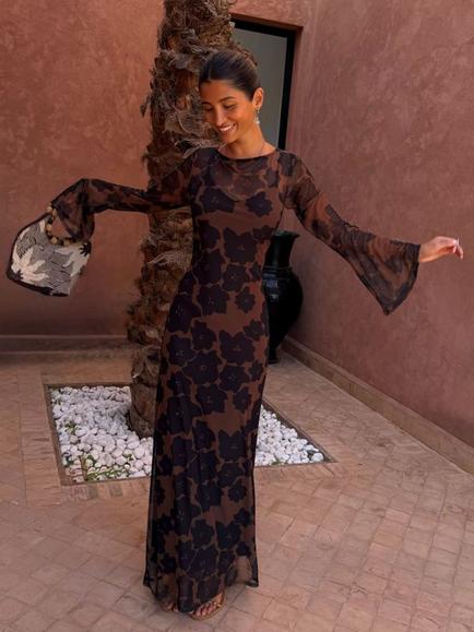 Never Fully Dressed Aria Floral Mesh Dress, Brown - view 2, Brown