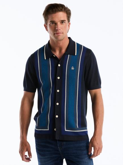 Original Penguin Button Through Short Sleeve Cotton Blend Shirt, Dark Sapphire, Dark Sapphire