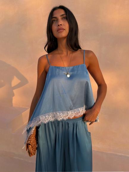 Never Fully Dressed Lace Trim Satin Swing Cami Top, Blue, Blue