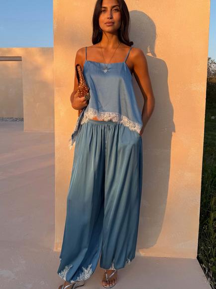 Never Fully Dressed Lace Trim Satin Swing Cami Top, Blue - view 2, Blue
