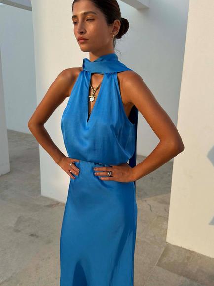 Never Fully Dressed Lily Halterneck Sleeveless Satin Top, Blue, Blue