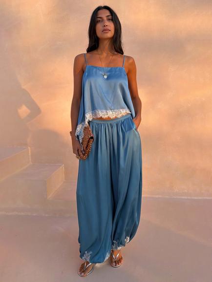 Never Fully Dressed Lace Trim Satin Balloon Trousers, Blue, Blue