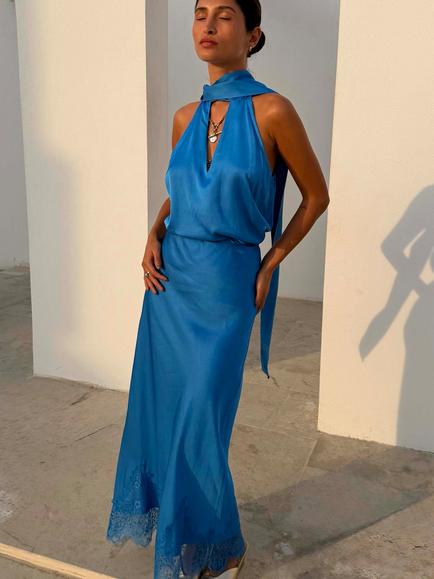 Never Fully Dressed Maeva Lace Trim Satin Midi Skirt, Blue, Blue