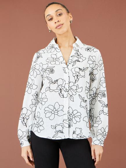 Yumi Scribble Floral Embroidered Shirt, White, White