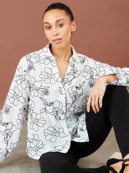 Yumi Scribble Floral Embroidered Shirt, White - view 2, White