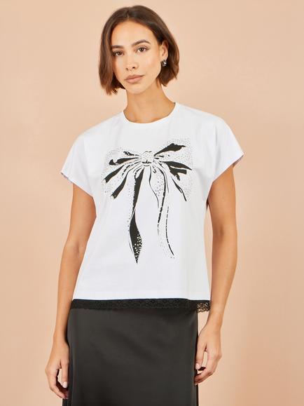 Yumi Lace Bow Print Embellished T-Shirt, White