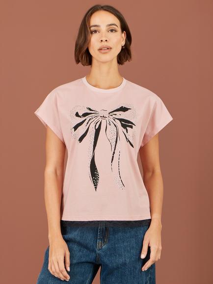 Yumi Lace Bow Print Embellished T-Shirt, Blush