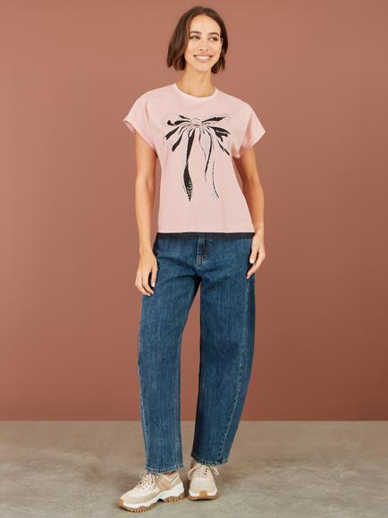 Yumi Lace Bow Print Embellished T-Shirt - view 2, Blush