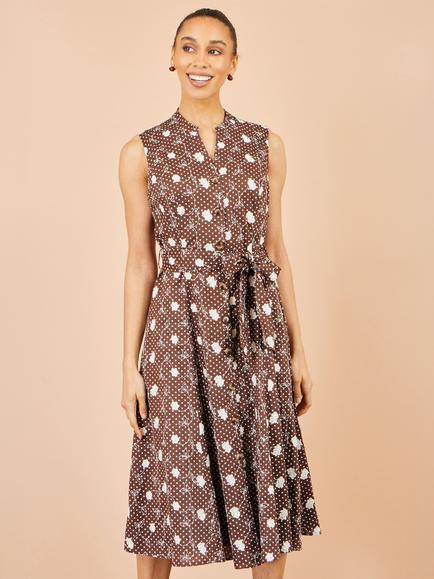 Yumi Cotton Embroidery Midi Shirt Dress, Brown, Brown