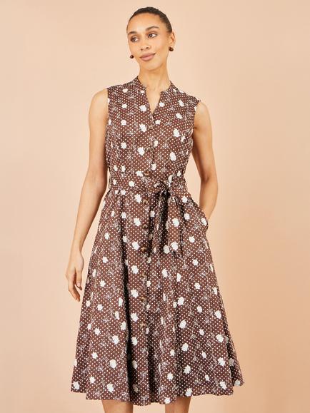 Yumi Cotton Embroidery Midi Shirt Dress, Brown - view 2, Brown