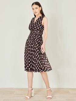 Yumi Sleeveless Ruched Polka Dot Midi Dress, Brown - view 2, Brown