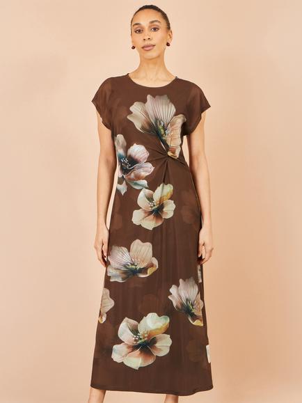 Yumi Mesh Floral Print Midi Dress, Brown, Brown