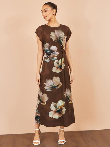 Yumi Mesh Floral Print Midi Dress, Brown - view 2, Brown