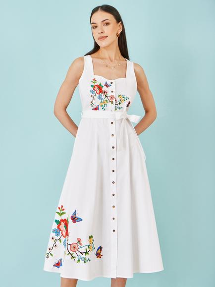 Yumi Sleeveless Floral Embroidered Midi Dress, White/Multi, White/Multi