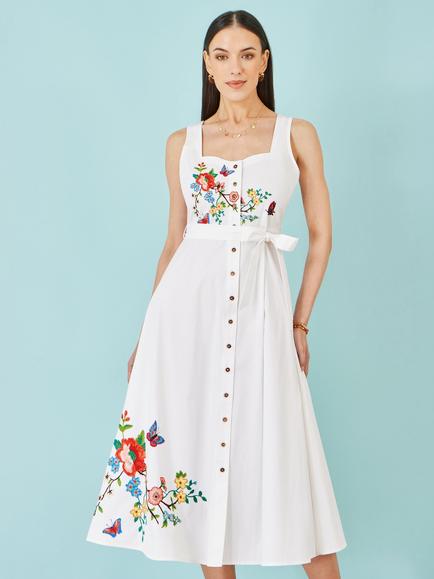 Yumi Sleeveless Floral Embroidered Midi Dress, White/Multi - view 2, White/Multi