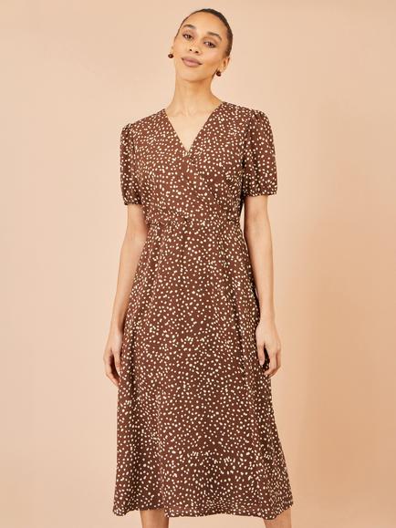 Yumi Split Hemline Spot Print Midi Dress, Brown, Brown