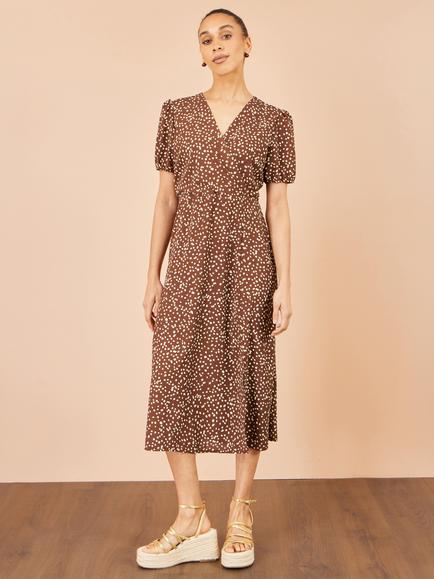 Yumi Split Hemline Spot Print Midi Dress, Brown - view 2, Brown