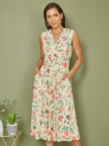 Yumi Sleeveless Floral Midi Dress, Ivory/Multi, Ivory/Multi