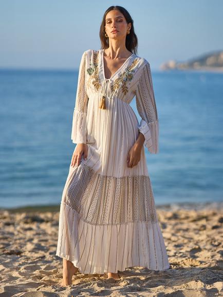 Yumi Metallic Volume Sleeve Maxi Dress, White/Multi, White/Multi