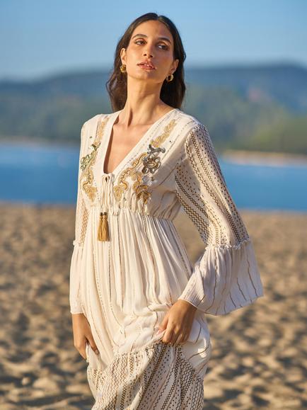 Yumi Metallic Volume Sleeve Maxi Dress, White/Multi - view 2, White/Multi
