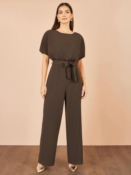 Yumi Batwing Stretch Jumpsuit, Brown - view 2, Brown