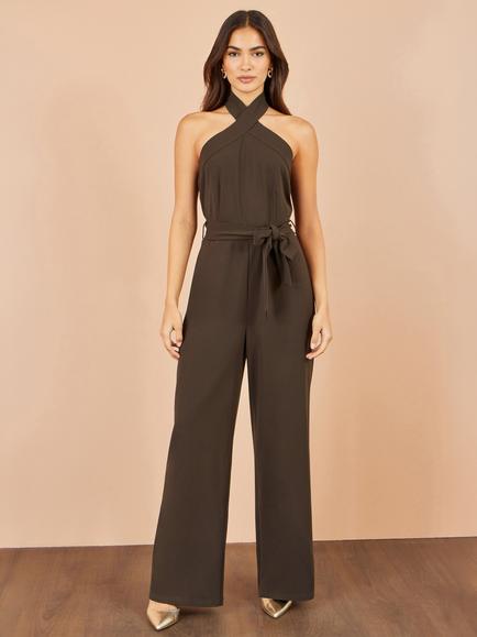 Yumi Cross Over Halterneck Jumpsuit, Brown
