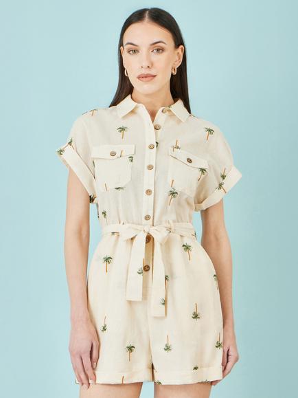 Yumi Short Sleeve Embroidered Palm Tree Cotton Playsuit, Beige, Beige