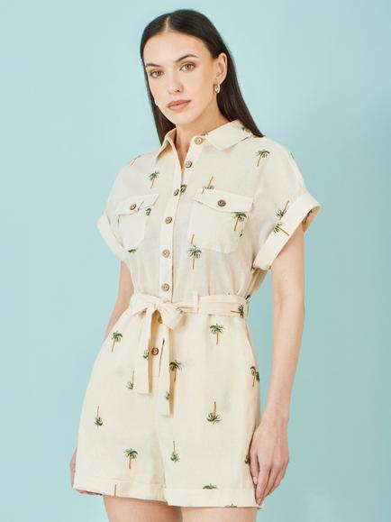 Yumi Short Sleeve Embroidered Palm Tree Cotton Playsuit, Beige - view 2, Beige